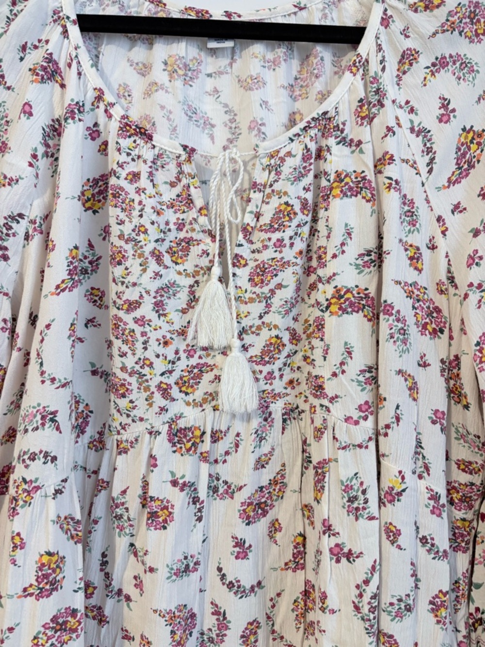 Boho Peasant Blouse XL Floral Tassel Cottagecore Festival Romantic Top - Picture 2 of 8